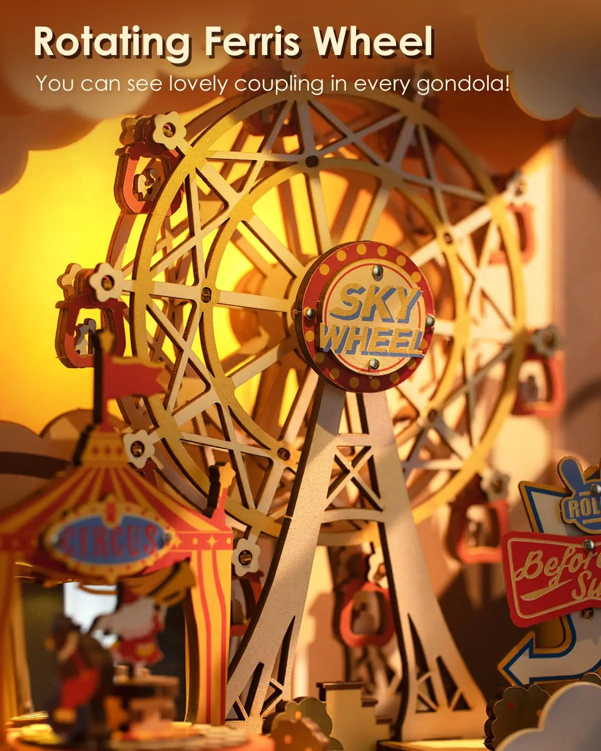 🎡 Sunset Carnival Zenedoboz – 3D Puzzle és Hangulatos Fényekkel .Ajándék akár gyerekeknek