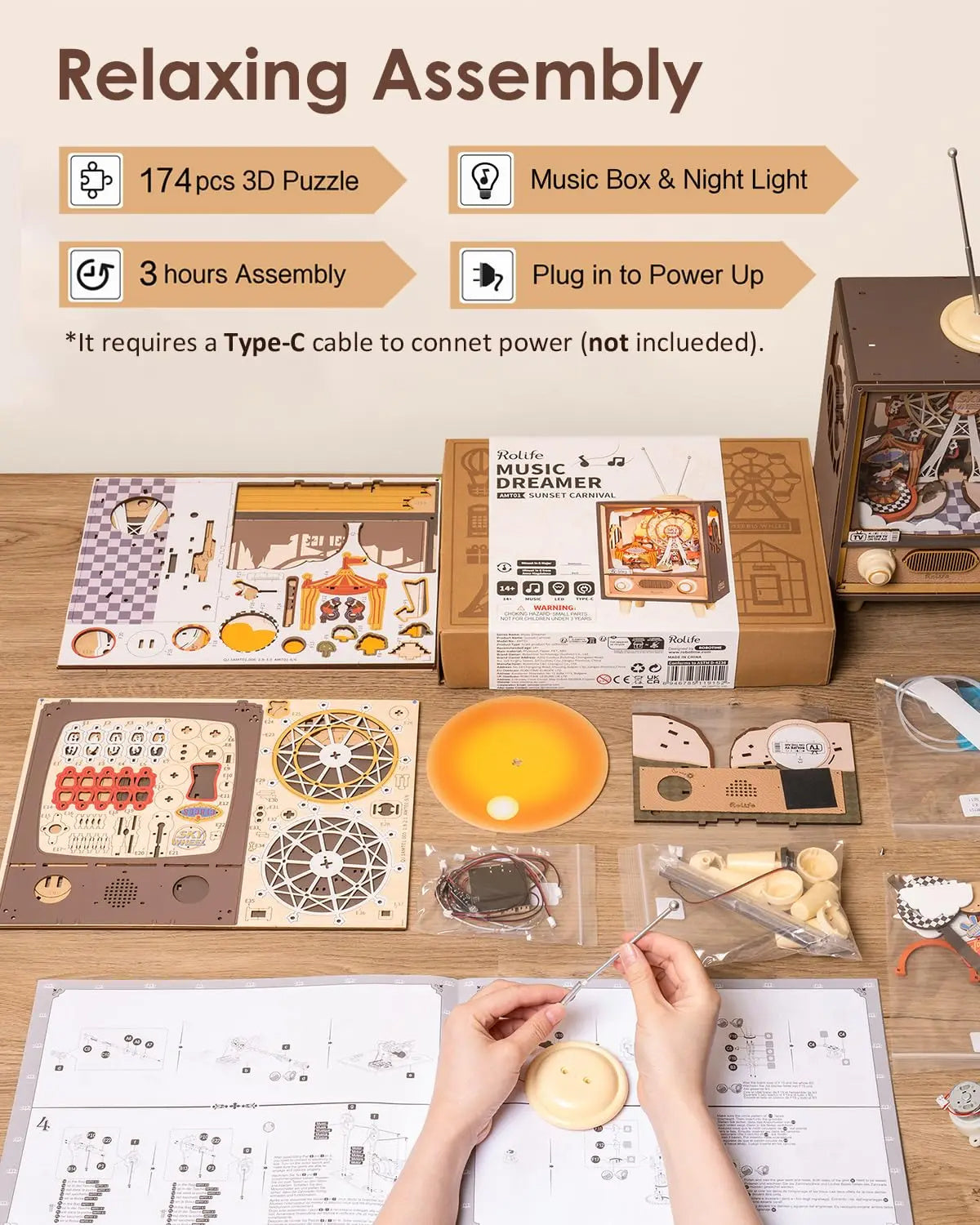 🎡 Sunset Carnival Zenedoboz – 3D Puzzle és Hangulatos Fényekkel .Ajándék akár gyerekeknek